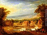 An extensive river landscape with travellers approaching a village